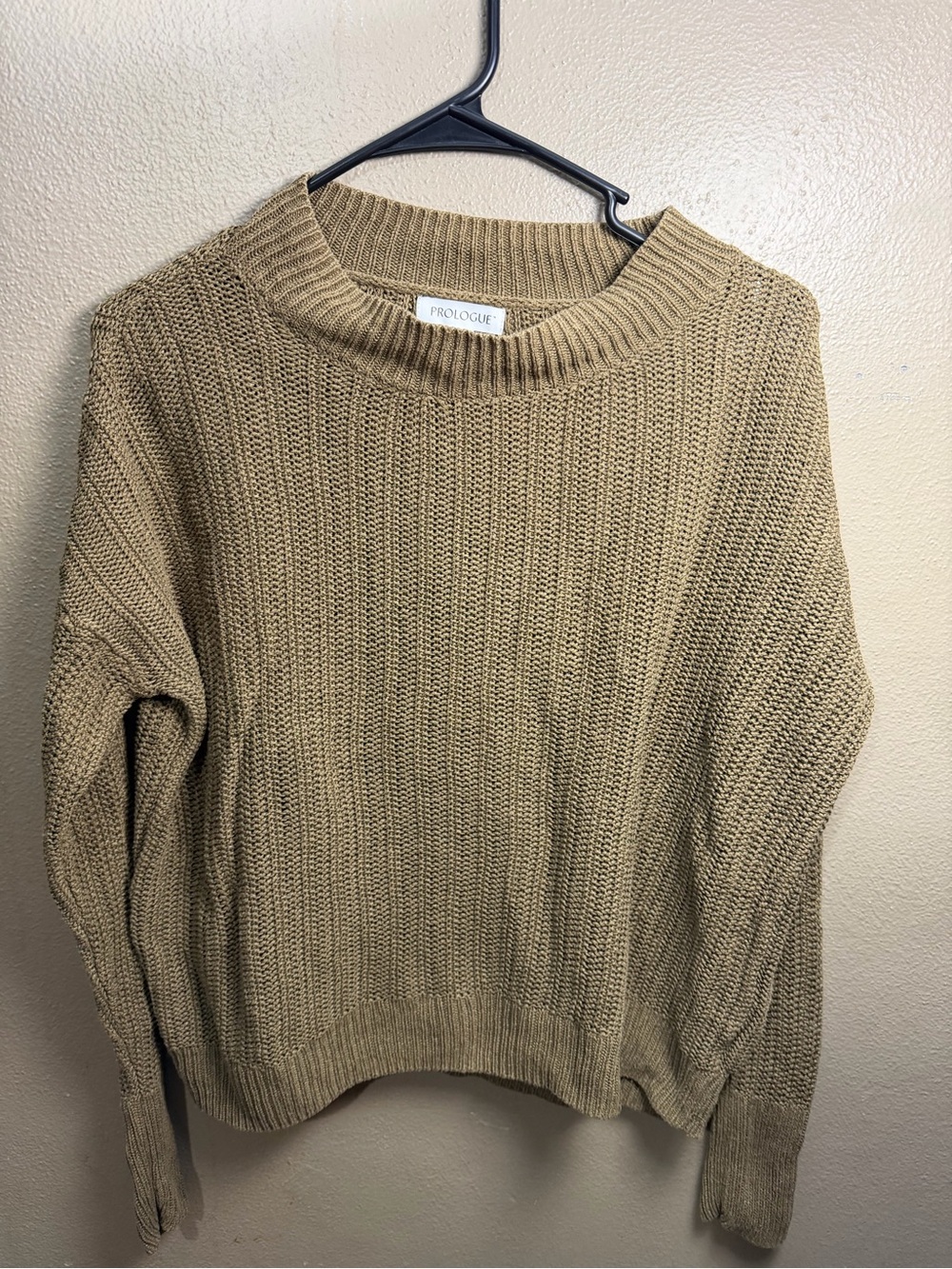Linen Blend Chunky Knit Crewneck Sweater - Size S (Olive/Tan)